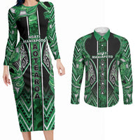 Aotearoa Ngati Maniapoto Couples Matching Long Sleeve Bodycon Dress and Long Sleeve Button Shirt Maori Tribal Green Paua Shell Pattern