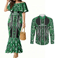 Aotearoa Ngati Maniapoto Couples Matching Mermaid Dress and Long Sleeve Button Shirt Maori Tribal Green Paua Shell Pattern