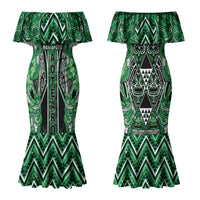 Aotearoa Ngati Maniapoto Couples Matching Mermaid Dress and Long Sleeve Button Shirt Maori Tribal Green Paua Shell Pattern
