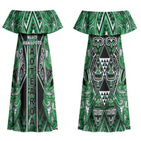 Aotearoa Ngati Maniapoto Couples Matching Off Shoulder Maxi Dress and Hawaiian Shirt Maori Tribal Green Paua Shell Pattern