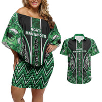 Aotearoa Ngati Maniapoto Couples Matching Off Shoulder Short Dress and Hawaiian Shirt Maori Tribal Green Paua Shell Pattern