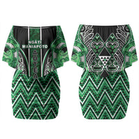 Aotearoa Ngati Maniapoto Couples Matching Off Shoulder Short Dress and Long Sleeve Button Shirt Maori Tribal Green Paua Shell Pattern