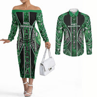 Aotearoa Ngati Maniapoto Couples Matching Off The Shoulder Long Sleeve Dress and Long Sleeve Button Shirt Maori Tribal Green Paua Shell Pattern