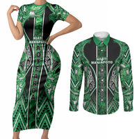 Aotearoa Ngati Maniapoto Couples Matching Short Sleeve Bodycon Dress and Long Sleeve Button Shirt Maori Tribal Green Paua Shell Pattern