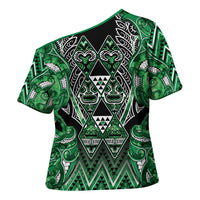 Aotearoa Ngati Maniapoto Cross Shoulder Shirt Maori Tribal Green Paua Shell Pattern