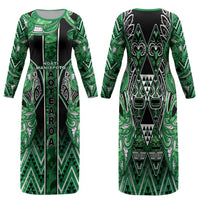 Aotearoa Ngati Maniapoto Family Matching Long Sleeve Bodycon Dress and Hawaiian Shirt Maori Tribal Green Paua Shell Pattern