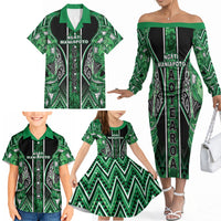 Aotearoa Ngati Maniapoto Family Matching Off The Shoulder Long Sleeve Dress and Hawaiian Shirt Maori Tribal Green Paua Shell Pattern