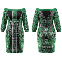 Aotearoa Ngati Maniapoto Family Matching Off The Shoulder Long Sleeve Dress and Hawaiian Shirt Maori Tribal Green Paua Shell Pattern