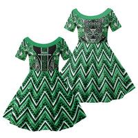 Aotearoa Ngati Maniapoto Family Matching Off The Shoulder Long Sleeve Dress and Hawaiian Shirt Maori Tribal Green Paua Shell Pattern