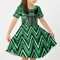 Aotearoa Ngati Maniapoto Kid Short Sleeve Dress Maori Tribal Green Paua Shell Pattern