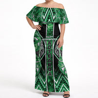 Aotearoa Ngati Maniapoto Off Shoulder Maxi Dress Maori Tribal Green Paua Shell Pattern