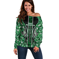 Aotearoa Ngati Maniapoto Off Shoulder Sweater Maori Tribal Green Paua Shell Pattern