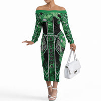 Aotearoa Ngati Maniapoto Off The Shoulder Long Sleeve Dress Maori Tribal Green Paua Shell Pattern