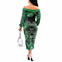 Aotearoa Ngati Maniapoto Off The Shoulder Long Sleeve Dress Maori Tribal Green Paua Shell Pattern