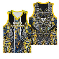 Aotearoa Ngati Raukawa Basketball Jersey Maori Tribal Yellow And Navy Paua Shell Pattern