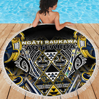 Aotearoa Ngati Raukawa Beach Blanket Maori Tribal Yellow And Navy Paua Shell Pattern