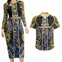 Aotearoa Ngati Raukawa Couples Matching Long Sleeve Bodycon Dress and Hawaiian Shirt Maori Tribal Yellow And Navy Paua Shell Pattern