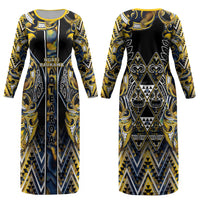 Aotearoa Ngati Raukawa Couples Matching Long Sleeve Bodycon Dress and Hawaiian Shirt Maori Tribal Yellow And Navy Paua Shell Pattern