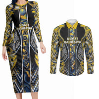 Aotearoa Ngati Raukawa Couples Matching Long Sleeve Bodycon Dress and Long Sleeve Button Shirt Maori Tribal Yellow And Navy Paua Shell Pattern