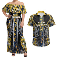 Aotearoa Ngati Raukawa Couples Matching Off Shoulder Maxi Dress and Hawaiian Shirt Maori Tribal Yellow And Navy Paua Shell Pattern