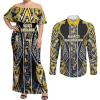 Aotearoa Ngati Raukawa Couples Matching Off Shoulder Maxi Dress and Long Sleeve Button Shirt Maori Tribal Yellow And Navy Paua Shell Pattern