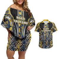 Aotearoa Ngati Raukawa Couples Matching Off Shoulder Short Dress and Hawaiian Shirt Maori Tribal Yellow And Navy Paua Shell Pattern