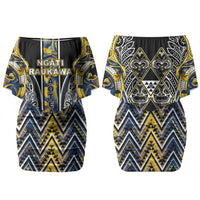 Aotearoa Ngati Raukawa Couples Matching Off Shoulder Short Dress and Hawaiian Shirt Maori Tribal Yellow And Navy Paua Shell Pattern