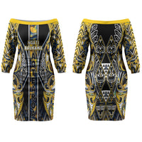 Aotearoa Ngati Raukawa Couples Matching Off The Shoulder Long Sleeve Dress and Hawaiian Shirt Maori Tribal Yellow And Navy Paua Shell Pattern