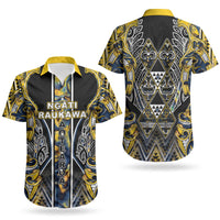 Aotearoa Ngati Raukawa Couples Matching Puletasi and Hawaiian Shirt Maori Tribal Yellow And Navy Paua Shell Pattern