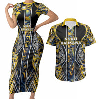Aotearoa Ngati Raukawa Couples Matching Short Sleeve Bodycon Dress and Hawaiian Shirt Maori Tribal Yellow And Navy Paua Shell Pattern