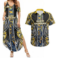 Aotearoa Ngati Raukawa Couples Matching Summer Maxi Dress and Hawaiian Shirt Maori Tribal Yellow And Navy Paua Shell Pattern
