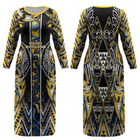 Aotearoa Ngati Raukawa Family Matching Long Sleeve Bodycon Dress and Hawaiian Shirt Maori Tribal Yellow And Navy Paua Shell Pattern