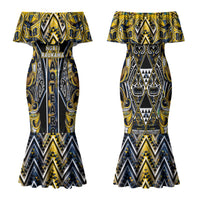 Aotearoa Ngati Raukawa Family Matching Mermaid Dress and Hawaiian Shirt Maori Tribal Yellow And Navy Paua Shell Pattern