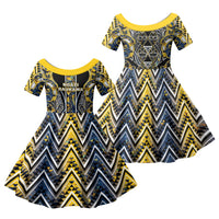Aotearoa Ngati Raukawa Family Matching Off Shoulder Maxi Dress and Hawaiian Shirt Maori Tribal Yellow And Navy Paua Shell Pattern