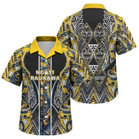 Aotearoa Ngati Raukawa Family Matching Off Shoulder Maxi Dress and Hawaiian Shirt Maori Tribal Yellow And Navy Paua Shell Pattern