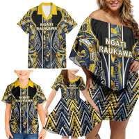 Aotearoa Ngati Raukawa Family Matching Off Shoulder Short Dress and Hawaiian Shirt Maori Tribal Yellow And Navy Paua Shell Pattern