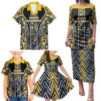 Aotearoa Ngati Raukawa Family Matching Puletasi and Hawaiian Shirt Maori Tribal Yellow And Navy Paua Shell Pattern