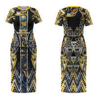 Aotearoa Ngati Raukawa Family Matching Short Sleeve Bodycon Dress and Hawaiian Shirt Maori Tribal Yellow And Navy Paua Shell Pattern