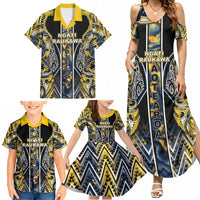 Aotearoa Ngati Raukawa Family Matching Summer Maxi Dress and Hawaiian Shirt Maori Tribal Yellow And Navy Paua Shell Pattern