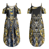 Aotearoa Ngati Raukawa Family Matching Summer Maxi Dress and Hawaiian Shirt Maori Tribal Yellow And Navy Paua Shell Pattern