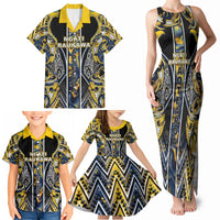 Aotearoa Ngati Raukawa Family Matching Tank Maxi Dress and Hawaiian Shirt Maori Tribal Yellow And Navy Paua Shell Pattern