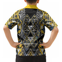 Aotearoa Ngati Raukawa Kid Hawaiian Shirt Maori Tribal Yellow And Navy Paua Shell Pattern