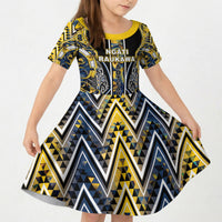 Aotearoa Ngati Raukawa Kid Short Sleeve Dress Maori Tribal Yellow And Navy Paua Shell Pattern