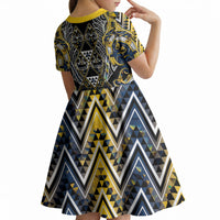 Aotearoa Ngati Raukawa Kid Short Sleeve Dress Maori Tribal Yellow And Navy Paua Shell Pattern