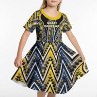 Aotearoa Ngati Raukawa Kid Short Sleeve Dress Maori Tribal Yellow And Navy Paua Shell Pattern