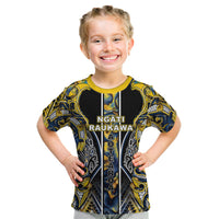 Aotearoa Ngati Raukawa Kid T Shirt Maori Tribal Yellow And Navy Paua Shell Pattern