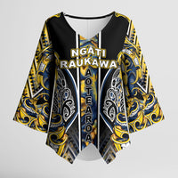 Aotearoa Ngati Raukawa Kimono Sleeve Blouse Maori Tribal Yellow And Navy Paua Shell Pattern