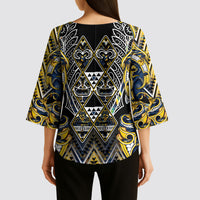 Aotearoa Ngati Raukawa Kimono Sleeve Blouse Maori Tribal Yellow And Navy Paua Shell Pattern