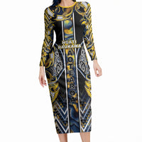 Aotearoa Ngati Raukawa Long Sleeve Bodycon Dress Maori Tribal Yellow And Navy Paua Shell Pattern