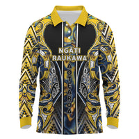 Aotearoa Ngati Raukawa Long Sleeve Polo Shirt Maori Tribal Yellow And Navy Paua Shell Pattern